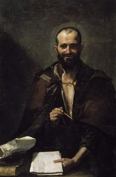 a painting of a man sitting at a table with a book and pen in his hand