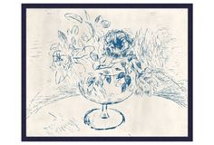 a blue and white drawing of flowers in a vase