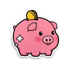 a pink pig sticker with a gold coin on it's top sitting in front of a white background