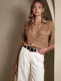 LILI Luxury Summer Blouse For Workwear, Luxury Relaxed Fit Shirt For Fall, Luxury Women's Shirt For Spring, Women's Khaki Shirt, Luxury Workwear Shirt For Women, Banana Republic Outfits, Banana Republic Style, Safari Chic, Crochet Mini Dress