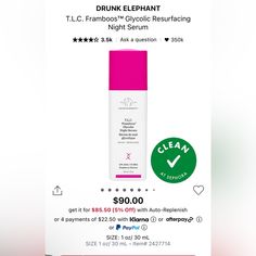 Drunk Elephant New In Box T.L.C. Framboo Glycolic Night Serum 30 Ml Suggested Usage: -In The Evening, Apply To A Clean, Dry Face (And Even To The Chest And Backs Of Hands), Avoiding The Eye Area. -Mix With Virgin Marula Oil (Sold Separately) For A Dose Of Moisture And Barrier-Boosting Fatty Acids. -Note: Slight Tingling May Be Experienced, Particularly For The First Few Days Of Application. This Typically Dissipates As Your Skin Becomes Adjusted. Start Slowly By Using Every Other Night. -Tip: Al White Elephant Skincare, Raspberry Extract, Drunk Elephant Skincare, Marula Oil, Dry Face, Night Serum, Skin Care Serum, Drunk Elephant, Eye Area