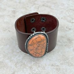 Natural Stone Leather Cuff Bracelet Luxury Southwestern Cuff Bracelet Gift, Luxury Southwestern Gemstone Cuff Bracelet, Leather Stone Bracelet, Titan Arum, Leather Silver Bracelet, Leather Cuff Bracelets, Stone Artwork, Rustic Cuff, Leather Cuff Bracelet