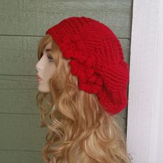 Knitted Yarn Beret One Size, Hand Knitted Slouchy Crochet Hat For Winter, Red Crochet Beanie One Size, One Size Chunky Knit Crochet Hat, Slouchy Hand-knitted Yarn Hat, Slouchy Hand Knitted Yarn Hat, Slouchy Chunky Knit Crochet Hat, Hand Knitted Crochet Hat For Cold Weather, Crochet Beanie For Cold Weather