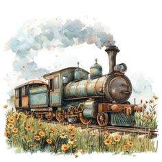 an old fashioned steam engine train traveling through a field with daisies and clouds in the background