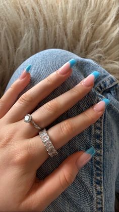 Pastel French Tip Acrylic Nails, Square French Tip Nails Color, Blue French Acrylics, Teal French Tip Nails Square, Light Blue French Tip Nails Square, Blue French Tip Square Nails, Colorful French Tip Nails Coffin, Short Plain Acrylic Nails, Plain Cute Nails