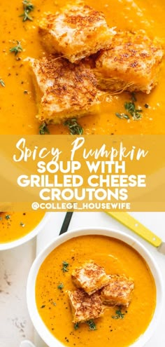 soup with grilled cheese croutons in a white bowl