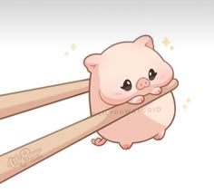 a pig holding two wooden chopsticks in it's mouth