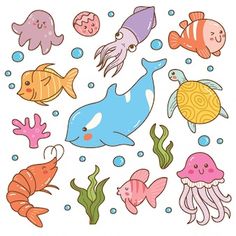 an image of sea animals and fish in the ocean with bubbles on white background stock photo