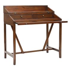 a wooden desk with two drawers on the top and one drawer at the bottom, in front of a white background