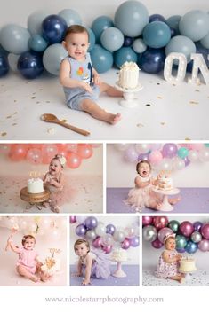 a collage of photos with balloons, cake and baby's first birthday pictures