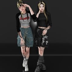 two young women standing next to each other in front of a black background, both with tattoos on their arms