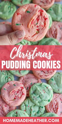 christmas pudding cookies with green and red sprinkles in the middle, on a plate