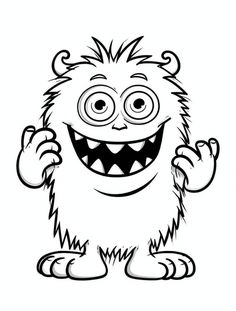 a cartoon monster with big eyes and large teeth, outlined in black and white on a white background