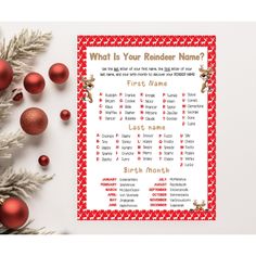 a printable christmas game with ornaments around it and the words what is your reindeer name?