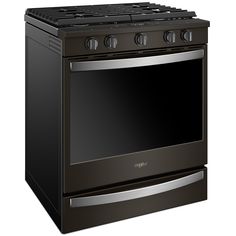 a black stove with two burners and one oven door open, in front of a white background