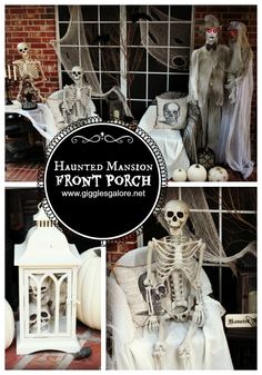 halloween decorations in front of a window with skeletons and ghost figures on the windowsill