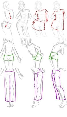 an image of how to draw female body in different poses and positions, with the top half