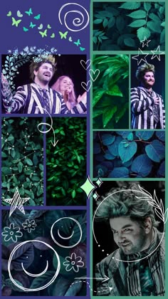 a collage of photos with green leaves and blue butterflies in the background, including an image of a man wearing a striped shirt