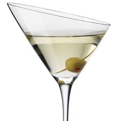 a martini glass with an olive garnish on the rim and a white background