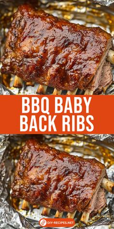 bbq baby back ribs on foil with the title above it in red and white