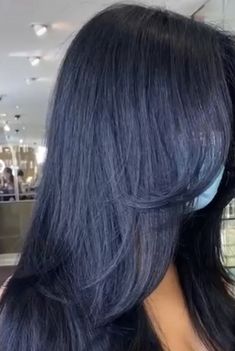 Black Hair Tinted Blue, Blue Black Hair With Curtain Bangs, Dark Blue Layered Hair, Long Black Curtain Bangs, Black Long Hair Curtain Bangs, Long Black Blue Hair, Blue Almost Black Hair, Curtain Bangs Black Hair Long, Dark Hair Blue Undertone