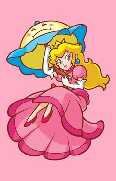 the princess peach is holding an umbrella over her head, and she's wearing a pink dress