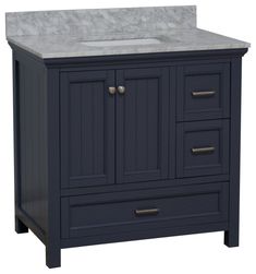 an image of a bathroom vanity with marble counter top and dark blue cabinetry on white background