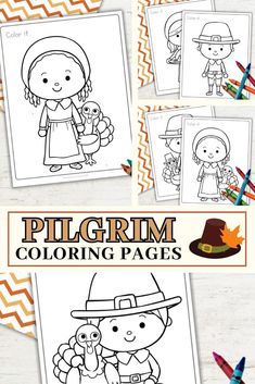 the thanksgiving coloring pages for kids with pumpkins, turkey and pilgrim hats on them