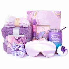 Enjoy this relaxing gift spa after a long day or to start a beautiful night in this beautiful gift box is having Lavander salt Fresia bath bomb with lavander flower Mirror double side Purple hair band Pink silk sleeping mask 1 tea candel Purple socks 1 blanket 12 Oz Tumbler, Purple Socks, Flower Mirror, Spa Gift Basket, Relaxation Gifts, Gift Sets For Women, Spa Gift, Valentine Box, Spa Kit