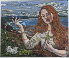 a painting of a woman with long red hair holding a cross in her right hand