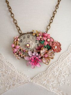 Repurposed vintage enamel flower necklace, vintage Elgin watch face, shabby chic, pinks, unique jewelry, OOAK, collage upcycled jewellry Rare Jewelry Unique, Upcycling Jewelry, Jewelry Trees, Jewelry 2024, Elgin Watch, Ornate Jewelry, Jewelry Repurposed, Vintage Jewelry Ideas, Beaded Watches