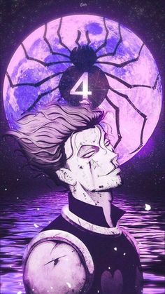 a man with a clock on his head in front of a purple moon and water