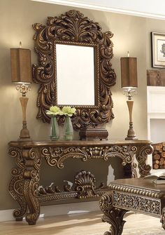 Rosalia Antique Gold & Pefect Brown Console Table  / HD-8011 - Ornate Home Console Table Decor, Tuscan Furniture, Tuscan Design, Mirrored Console Table, Wooden Decoration, Mirror Console, At Home Furniture Store, Tuscan Decorating, Ceiling Medallions