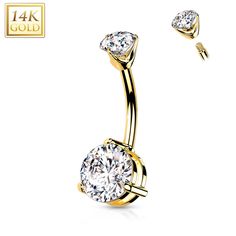 Product Details14kt Solid Yellow Gold Double Prong Set Cubic Zirconia Belly Ring You do not have to choose between substance and style with this 14 gauge navel ring. It is 3/8 inch and made with solid 14kt yellow gold. The top end features a clear cubic zirconia gem. The bottom end features an 8mm matching clear cubic zirconia gem for a look that is on trend and full of luxurious elegance. The overall look is bold and sumptuous and thoroughly eye catching. Add a dash of glamour to your navel piercing with this luxury belly piercing jewelry.Specifications14 Gauge (1.6mm), 3/8" (10mm), Solid 14kt Yellow Gold Curved Barbell, Cubic Zirconia Gold Belly Rings, Gold Belly Button Rings, Mid Finger Rings, Dermal Anchor, Belly Piercing Jewelry, Smiley Piercing, Gold Belly Ring, Belly Bars, Synthetic Opal