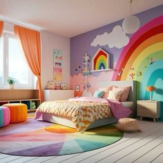 a colorful bedroom with a rainbow theme on the wall and rugs around the bed