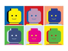 four different colored legos with faces in the same color block pattern, each one has a smiling face