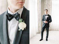 a man in a tuxedo standing next to a window with white flowers on it