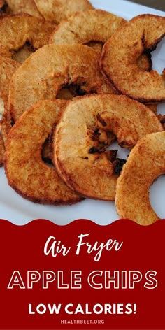 fried apple chips on a white plate with text overlay