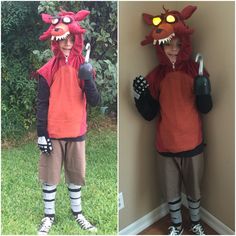 two pictures of children in costumes one is wearing a red dragon costume and the other has a black cat mask