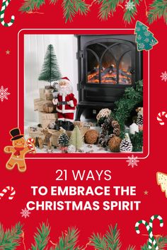 a christmas card with an image of a fireplace and presents