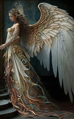 an angel standing on some steps with her wings spread