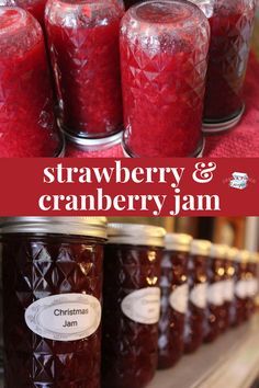 jars of strawberry cranberry jam are on display in a store with the words strawberries & cranberry jam above them