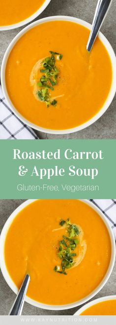 roasted carrot and apple soup in two white bowls on a table with text overlay reading roasted carrot & apple soup gluen free vegetarian