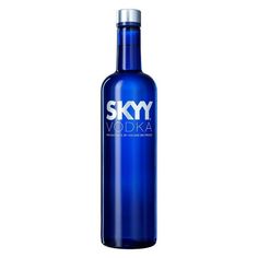 the sky vodka bottle is blue with white lettering