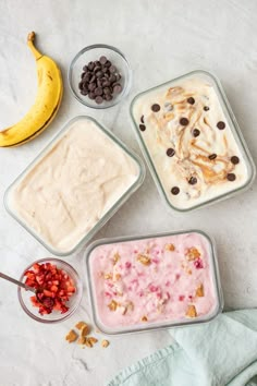 four containers filled with ice cream and toppings next to a banana, chocolate chips, granola, and other foodstuffs