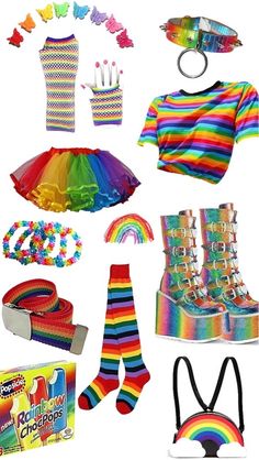 Rainbow Clothes Drawing, Clown Core Outfit Ideas, Clowncore Outfit Ideas, Weirdcore Outfits Aesthetic, Rainbow Core Outfit, Dreamcore Aesthetic Outfits, Rainbowcore Outfit, Rainbow Outfit Aesthetic, Weirdcore Aesthetic Outfits