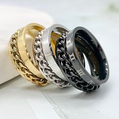 Fidget Ring also known as spinner ring with chain that can rotate for fidgeting. Anxiety ring spinning chain for both men an women.  Made of high quality Stainless Steel (316L) which is water-resistant and can last for years without changing color or rusting. I will ship your order with Tracking and it should be delivered between 2 to 4 working  days. Thank you for supporting my business, please contact me anytime and I will do my very best to help and make you happy with your order. Ring With Chain, Ring Spinning, Spinning Ring, Spinning Rings, Worry Ring, Fidget Rings, Chain Silver, Spinner Ring, Spinner Rings