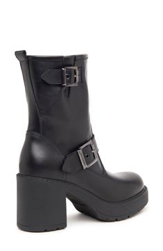 A block heel brings just the right amount of lift to a tried-and-true moto bootie embellished with buckle straps. 3" heel Adjustable straps with buckle closures Leather upper and lining/synthetic sole Imported Oxford Heels, Walker Shoes, Sneaker Slippers, Sneaker Jewelry, Platform Slippers, Fashion Help, Boot Shop, Bootie, Block Heels