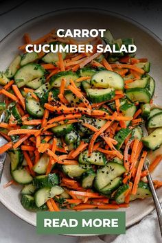 carrot cucumber salad in a white bowl with the words read more below