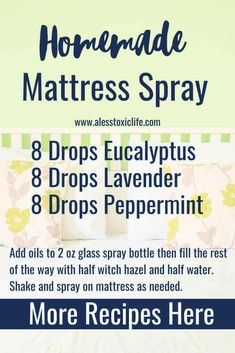 Essential Oil Mattress Spray, Homemade Disinfectant Spray, Homemade Mattress, Mattress Spray, Essential Oil Spray Recipes, Eucalyptus Lavender